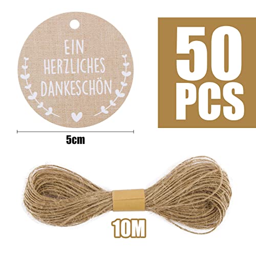 50 Stk Danke Anhänger Geschenkanhänger Hochzeit Etiketten Ein Herzliches Dankeschön Rund Vintage Gastgeschenke Kommunion Konfirmation Deko und Jute Schnur Papieranhänger zum Basteln Taufe