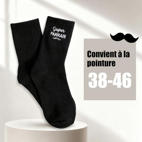 DOORIO Chaussettes Homme Super Parrain Brodé Cadeau, Noir,38-46 – vue 4