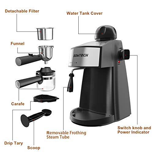 SOWTECH Espresso Machine, 3.5 Bar 4 Cup Steamer Coffee Maker Cappuccino Machine with Milk Frother Wand for Espresso, Cappuccino, and Latte Macchiato, Suitable for Home and Office Use