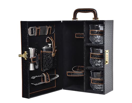 Telconi Croc Print Black Premium Bar Set With Whiskey Glasses | Portable Leatherette Set for Picnic, Travel, and Car
