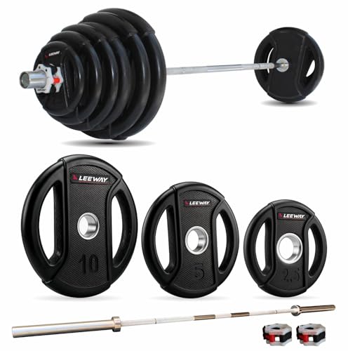 Image of Leeway Olympic Barbell Rod with Plates (40kg Set) | 7ft Chrome Otis Bar 20kg + Weight Plates | 51mm Rubber Coated Olympic Plate | Home Gym Weight Lifting Combo (Black, (2.5kgx4 + 5kgX2 + 10kgX2))