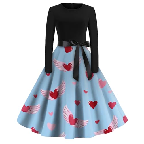 Vestido de Mujer Vestidos De Fiesta Mujer Disfraz - Estampado San Valentín Vintage Coctel Festivo Cuello Redondo Ropa Chic Manga Larga Romántico Retro Felpa Disfraces Azul Cielo L