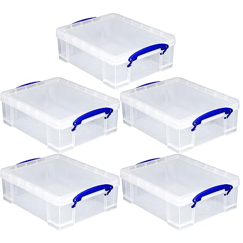 Image of Really Useful Box Stackable 8.1L Plastic Storage Container, 5 Pack | Bin with Snap Lid & Built-In Clip Lock Handles for Home & Office Organization