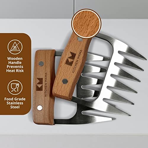 Kitchen Mama Meat Claws: Stainless Steel Shredder Claws with Wooden Handle for BBQ, Shredding, Pulling Pork, Chicken, Beef, and Turkey - Perfect for Grill Masters (1 Pair)