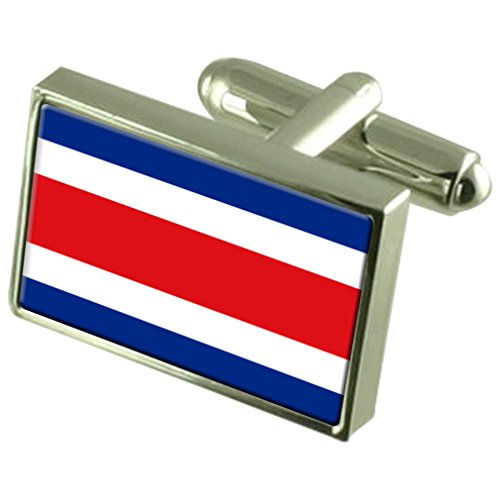 Gemelos de Costa Rica con diseño de bandera esmaltada y estuche rígido grabado de lujo
