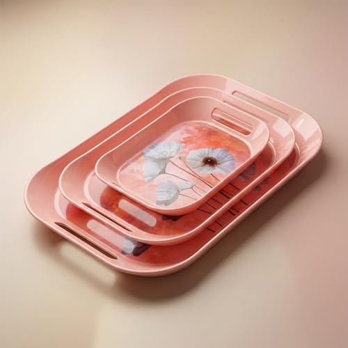 Image of Set of 3 Printed Plastic Serving Trays with Handles Multipurpose Kitchen & Dining Serving Tray Set Lightweight Durable Easy to Clean for Tea Coffee Snacks Breakfast Food Serving Floral Design