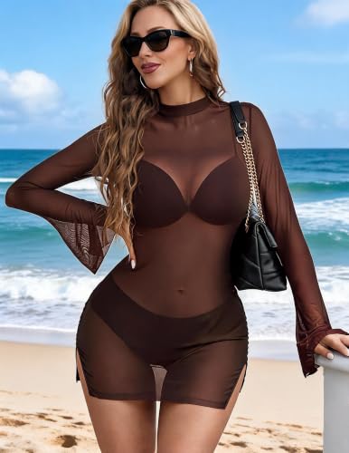 Image of Avidlove Mesh Mini Dresses for Women Bell Sleeves Bodycon Turtle Neck Split Lingerie Dress Vacation Party Outfits Clubwear