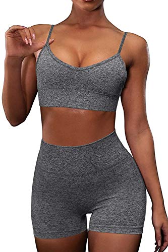 OLCHEE Womens Workout Set 2 Piece Tracksuit - Seamless High Waist Shorts Leggings and Sports Bra Yoga Outfits - Grey Size M