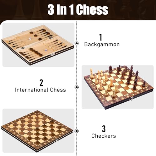Miniatura 3 de Hovibu 3 En 1 Ajedrez Magnetico De Madera Portatil, Plegableajedrez Damas Y Backgammon, Juego De Ajedrez De Rompecabezas, Para Niños Y Adultos