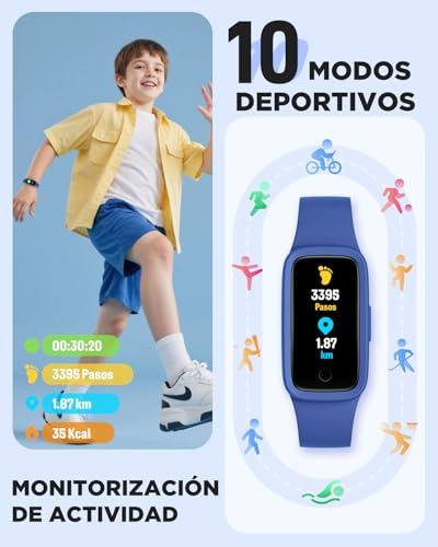 BIGGERFIVE Vigor 3 Pulsera de Actividad para Niños, Reloj Inteligente con Pantalla AMOLED, Funciona Sin App ni Móvil, Impermeable 3ATM, Monitor Ritmo Cardíaco y Sueño para Niños Niñas 5-15 Años, Azul - imagen 4
