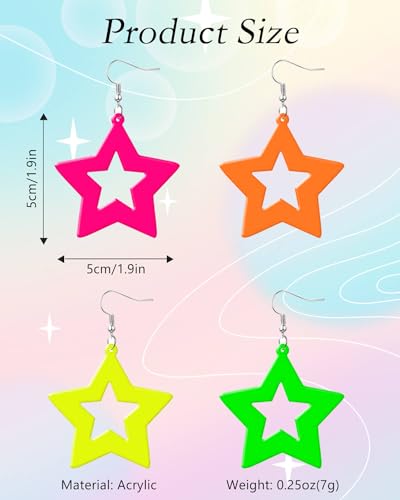 4 Pairs 80s Neon Earrings for Women Star Circular Oval Jewelry Retro Neon Dangle Earring for 80S Costume Dancing Party Accessory3
