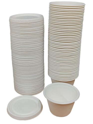 Foglish Home & Garden 4oz Bagasse Paper Sauce Pots with Lids, White, Round, 120ml Capacity, Disposable Containers for Takeaway Portions and Condiments (100)