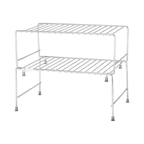 Image of Kuber Industries 2 Pcs Set Stainless Steel Kitchen Storage Rack - Oil, Masala & Spice Stand Tray - Kitchen Counter Top Corner Shelf Organizer Countertop- Silver