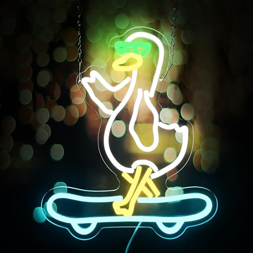 Image of Duck Skateboarding Neon Sign With Sunglasses - LED Light for Wall Decor, Bar, Man Cave, Game Room - Dimmable Skateboarder Wall Art 12.6 inch15.4 inch