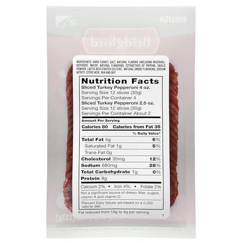 Bridgford Sliced Turkey Pepperoni 4 oz Pack of 2 - Pepperoni Slices for Pizza and Sandwiches - Naturally Smoked Healthy Snacks for Low-Carb Keto Diets - Ready-to-Eat Slices for On-the-Go Snacking