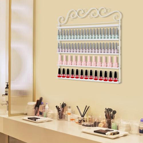 Image of 5 Tier Metal Wall Mounted Nail Polish Rack - White Cosmetic & Essential Oil Storage Shelf Display Organizer with Protective Strips for 100-120 Bottles, Perfect for Home Salon, Spa Shops & Vanity