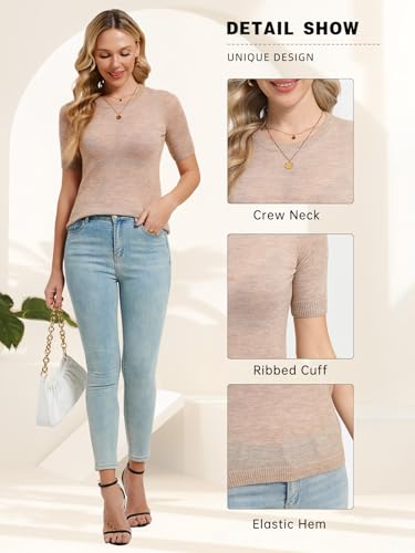 Image of Women's Short Sleeve Knit Top - Alpaca Wool Blend Ribbed Crewneck Pullover, Slim Fit Casual Tee for Spring & Summer
