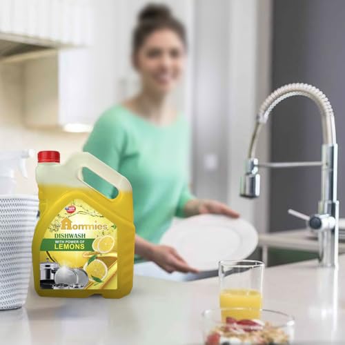 Image of Hommies Lemon Fragrance Dishwash Liquid Gel Refill Pack - 5 Litre | Ultra-Degreasing Formula for All Utensils | Kills Germs & Leaves No Residue | Gentle on Hands, Tough on Grease