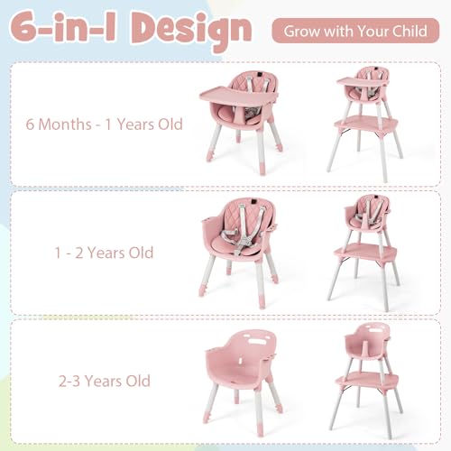 Image of HONEY JOY 5-in-1 High Chair, Convertible Highchair for Babies and Toddlers /Kids Chair Table Set /Infant Feeding Chair w /Safety Harness, PU Leather Cushion & Removable Food Tray (Pink)