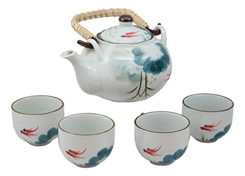 Ebros Gift Asian Living Fusion Chinese Traditional Art Feng Shui Pond With Koi Fishes Porcelain 24oz Tea Pot With 4 Cups Set With Strainer As Teapots And Teacups Home Decor