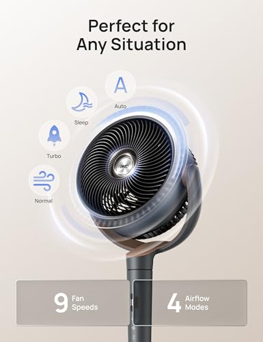 Image of DREO Fan for Bedroom, 120 Oscillating Standing Fans, Quiet Floor Fan with DC Motor, 100ft Pedestal Fans for Room, 9 Speeds, 4 modes, 120 Manual Vertical, 37-42 inch Adjustable Height, 8H Timer