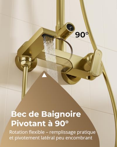 Colonne de Douche or Brossé avec Mitigeur, Robinet de Baignoire Pivotant – vue 4