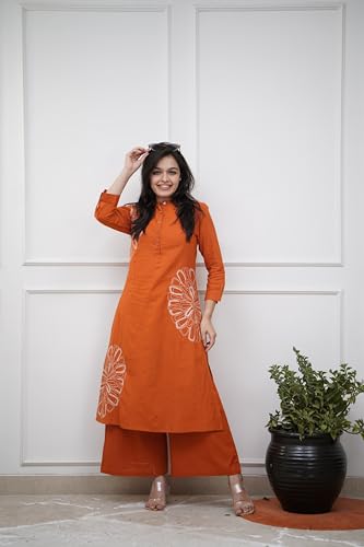 Image of GoSriKi Cotton Blend Embroidered A-Line Kurta with Palazzo for Women | Cotton Blend Orange | 3 /4 Sleeve | Mandarin Collar | Ethnic Wear Casual Wear