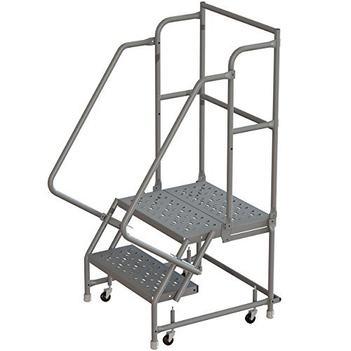 Image of Tri-Arc KDSR102166-D2 2-Step 20 inch Deep Top Steel Rolling Industrial & Warehouse Ladder with Handrails, 16 inch Wide Perforated Tread