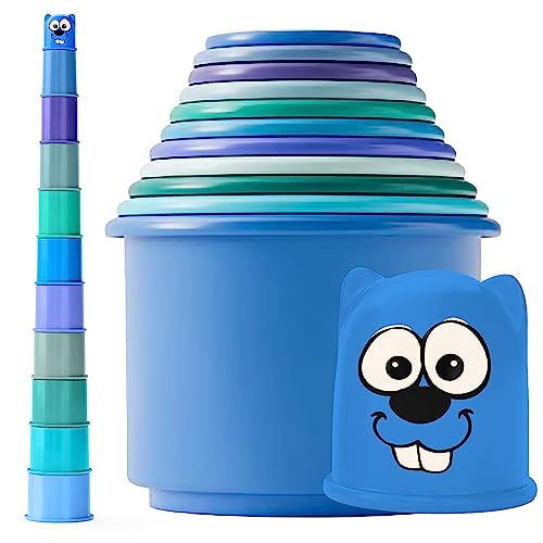 Image of KIDSTHRILL Blue Modern Design Set of 11 Stacking Cups, Baby boy Toys & Girls Infants 12 Months & Toddlers 1-3, with Drainage Holes for Baby Bath Toys Tub, Stackable Nesting Sorting Toys