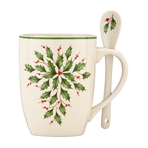 Lenox Holiday Cocoa Mugs with Spoons, Ivory, Set of 2