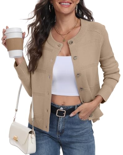 PrinStory - Cardigans pour femmes, tricot britannique, manches longues, boutonné, pull ouvert sur le devant, tricot élégant pour l'extérieur, kaki, XL