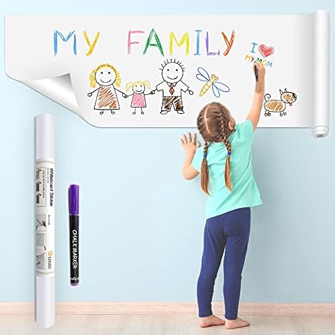 Ezigoo Whiteboard Paper Sticker Adhesive Chalkboard Paper Roll Removable Memo White Board Wall Decal Film for Home Kitchen Office School Memo - 1 Roll with 1 Chalk Marker Pen - 43cm x 210cm Cover