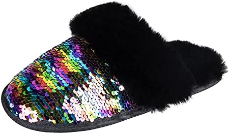 Jessica Simpson Women's Comfy Faux Fur House Slipper Scuff Memory Foam Slip on Anti-Skid Sole, Mutlicolor, Large