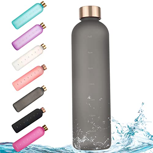 32oz Daily Water Bottle with Time Marker,Reusable Tritan Plastic BPA Free Leakproof Water Jug,1 Liter Frosted Drinking Bottle for Office,Home,School,Travel,Gym and Outdoor Sports(32oz/1000ml,Gray)