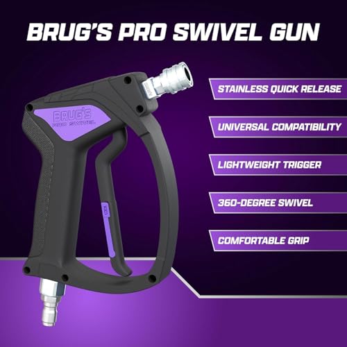 Image of Brug's Pro Swivel Gun V2.0 | Short Pressure Washer Wand | Swivel Pressure Gun | Stainless Steel| Rinsing Nozzle Included | Self-Locking Quick Connect| Light Weight Trigger | Short Pressure (Blue)