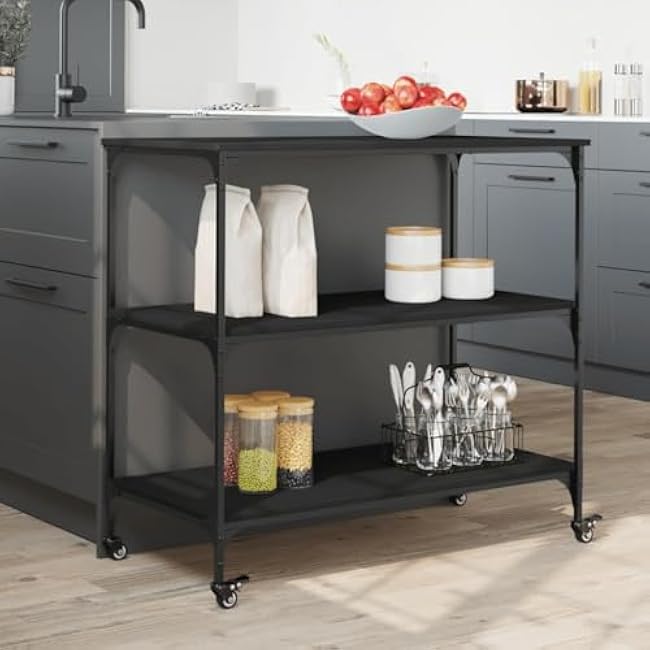 Kitchen Cart Trolley,40.2 X 19.7 X 37.4 in Wooden Kitchen Trolley Organizer Cart Trolley for Dining Room,Black-jdeopsOn