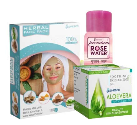 Senesco Skin Care Combo - Herbal Face Pack (100 gm), Aloe Vera Gel & Rose Water (100 ml)