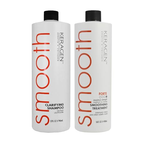 KERAGEN Hair Care Power Duo: Brazilian Keratin Smoothing Treatment (16 Oz) - Forte, Sulfate Free, Eliminates Curls and Frizz, Medium to Coarse Hair + Clarifying Shampoo (32 oz)