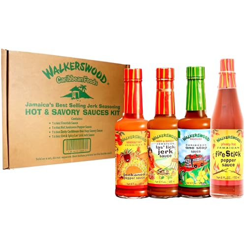 Walkerswood Hot & Savory Sauce Kit - 1 x 6oz Fire Stick Sauce, 1 x 6oz Hot JonKanoo Pepper Sauce, 1 x 6oz Zesty Caribbean One Stop Sauce, 1x 6oz Las'Lick Jerk Sauce