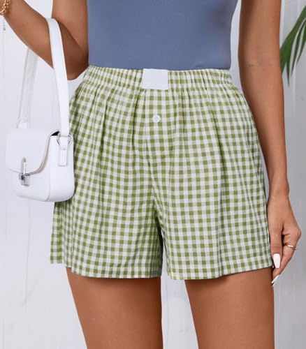 Image of Women Pajamas Shorts Y2k Elastic Waist Plaid Boxer Shorts Cute Gingham Sleep Lounge Bottoms