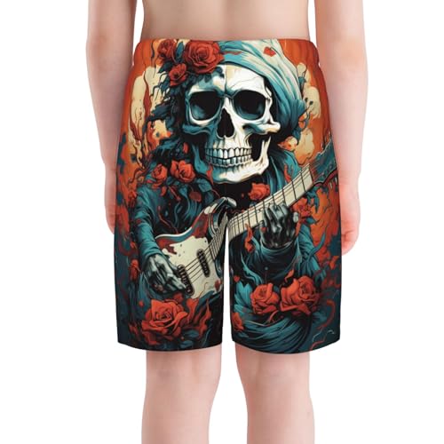 Boys Swim Trunks Beach Board Shorts Summer Bathing Suits Teen Kids, Skull Playing Guitar Cool Art4