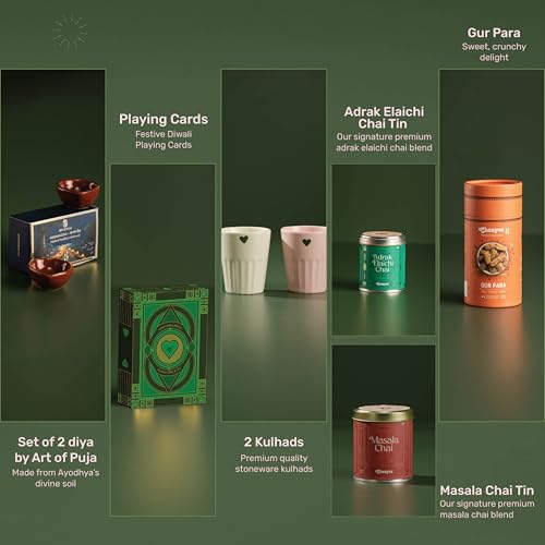 Image of Chaayos Divine Diwali Gift Box | Diwali gift Hamper with that includes Chai tin (Masala chai & Adrak Elaichi), 2 Ceramic Kulhads (Pink & Green), Set of 2 Diyas, Diwali Playing Cards, Gur Para for Family & Friends | Premium Diwali Gift Set