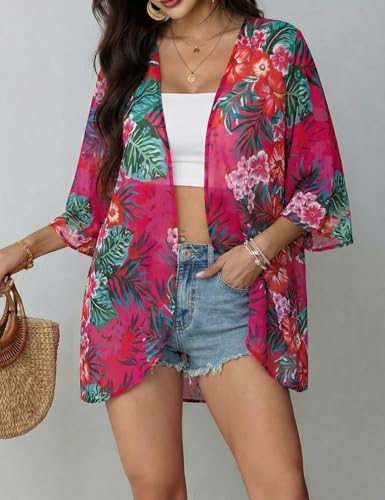 Image of Chunoy Women Summer Beachwear Open Front Tops Light Cardigan Short Sleeve Chiffon Floral Kimono Cover Up 3X-Large