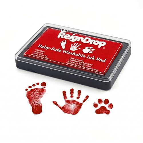 Image of ReignDrop Baby Ink Pad for Hand and Footprints, Non-Toxic Acid-Free Keepsake Kit, Smudge-Proof Archival Ink Wipes Off Skin, for Scrapbook, Photo Album, Frames & Pet Paws, Baby Gift (Red)