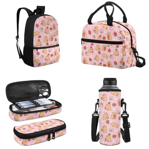 Capybara Backpack for Girls 6-8 8-10 10-12 Kawaii Girls School Backpack with Lunch Bag Pencil Case Water Bottle Sleeve 4 Pcs Kids Bookbag for Elementary School Schoolbag, Strawberry2