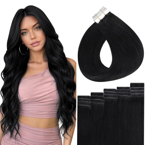 Image of Full Shine Tape in Hair Extensions Human Hair, 1B Off Black Near Black 18 Inch 50g 20 Pcs,Hand Tied Skin Weft Real Hair Extensions, Straight Hair for Transitioning Hair Natural