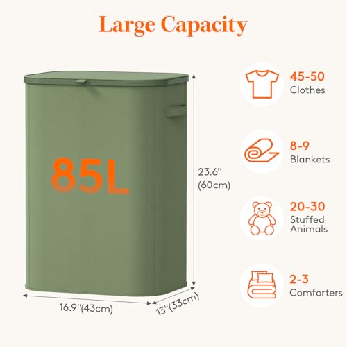 Image of Lifewit 85L Large Laundry Basket with Lid, Laundry Hamper with Plastic Handles and Removable Bag, Foldable Tall Dirty Clothes Hampers for Laundry for Laundry Room, Bedroom, Bathroom, Dorm, Green