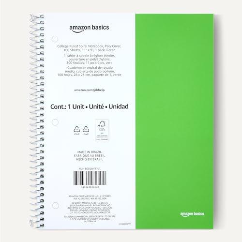 Image of Amazon Basics College-Ruled Spiral Notebook, Poly Cover, For Work and School, 100 Sheets, 9 inch x 11 inch, Green, 1-Pack