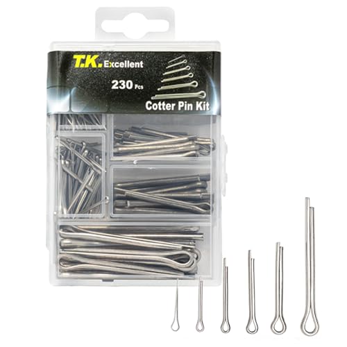 T.K.Excellent 304 Stainless Steel Split Pins and Cotter Pins Assortment Set Value Kit, 230 Pcs - Marine Grade Assorted Sizes