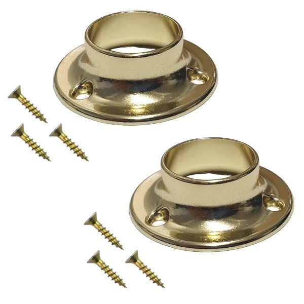 TERF® Polished Brass Curtain Wardrobe Rod Pole Holder Socket for Up to 25mm Diameter Curtain Rail Wall Mount Rod Pole Holder Shower Curtain Closet Lever Rail Socket with Fixing - Pack of 2
